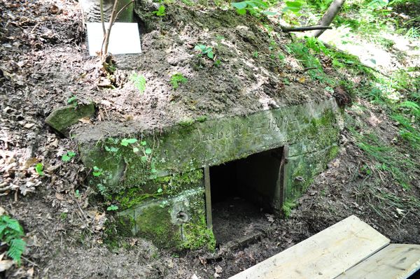 Omszała betonowa obudowa źródełka w leśnym zboczu w Hucisku z wyrytym napisem „Izabella 1909” i ciemnym otworem w metalowej ramie.