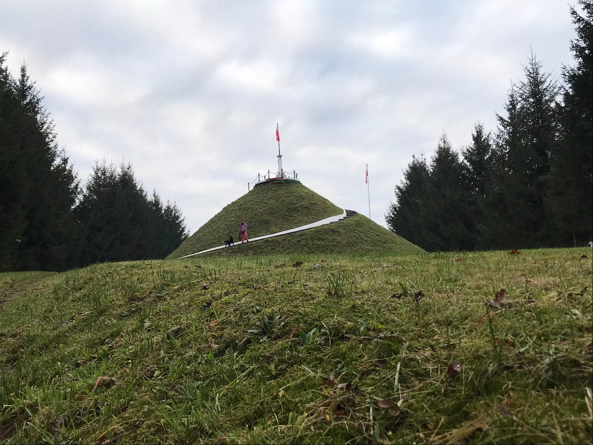 Porośnięty trawą kopiec w Pierzchowie z biało-czerwoną flagą na szczycie, wśród świerków; na ścieżce stoi dziecko z psem.